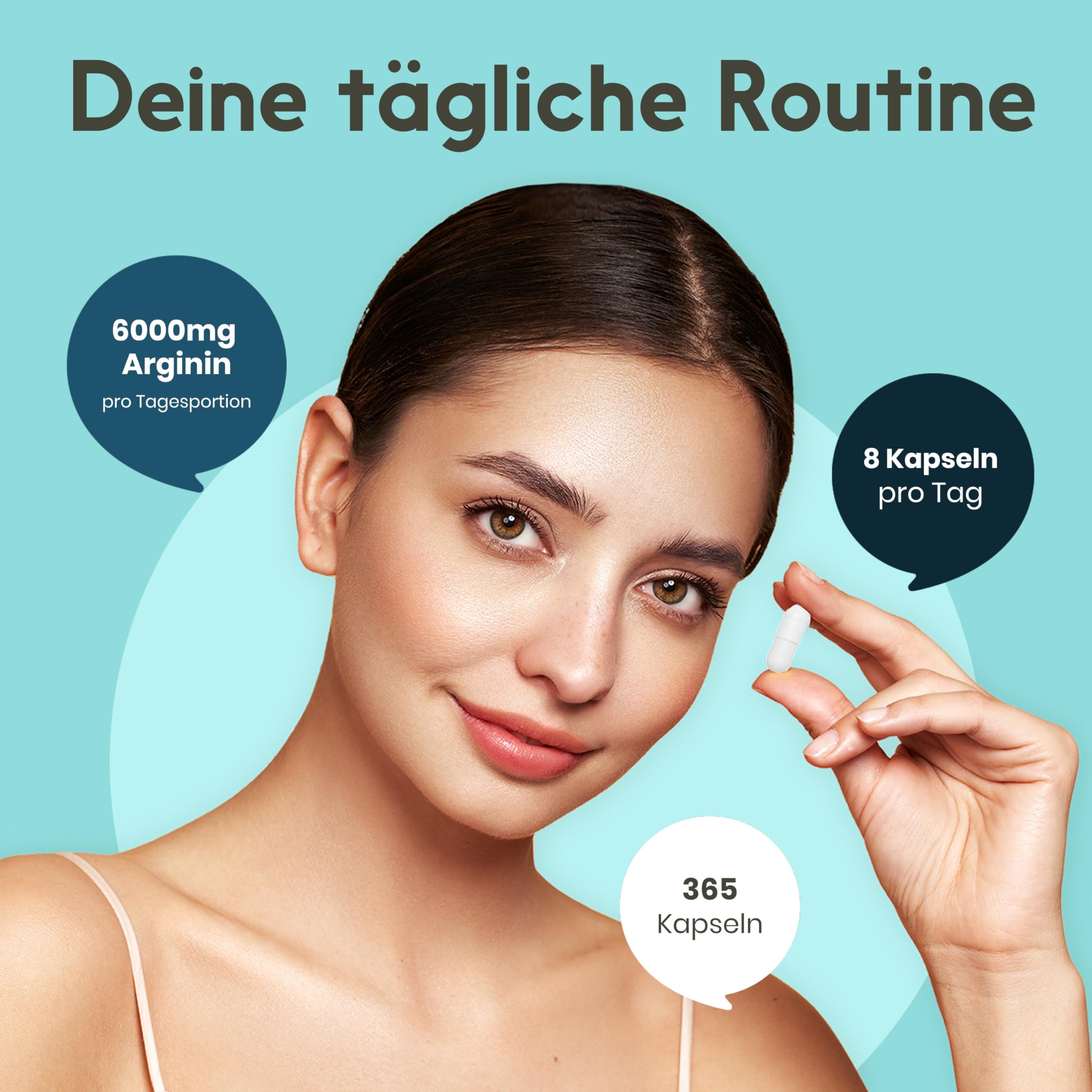 Frau hält Kapsel, Informationen zu 6000mg Arginin, 8 Kapseln/Tag, 365 Kapseln.