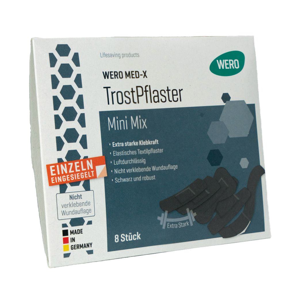 WERO MED-X TrostPflaster Mini Mix Verpackung. 8 Stück. Einzeln versiegelt. Schwarze Pflaster sind abgebildet.
