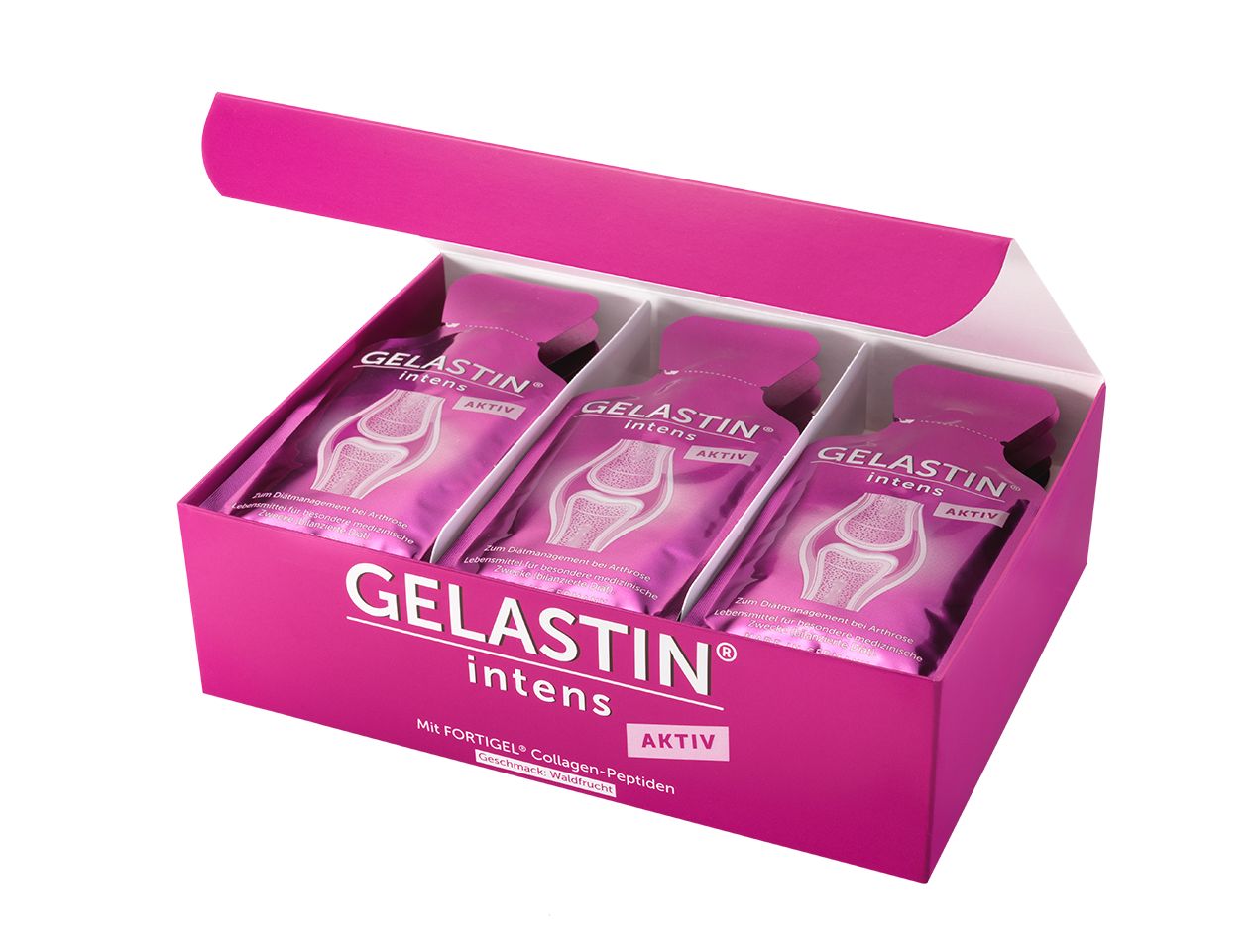 Geöffnete rosa Schachtel mit drei Beuteln "GELASTIN intens Aktiv". Jeder Beutel zeigt ein Knie-Symbol. Die Schachtel ist geöffnet.
