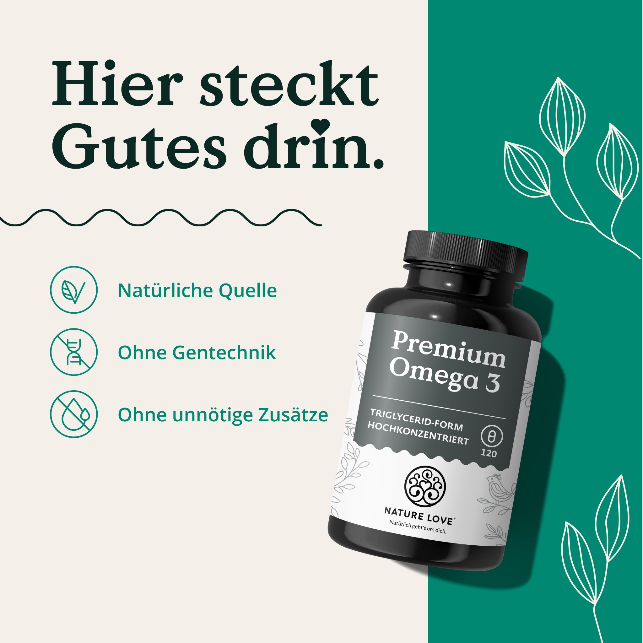 Dunkle Dose mit 'Premium Omega 3'. Text: Hier steckt Gutes drin. Icons: Natürliche Quelle, Ohne Gentechnik, Ohne Zusätze.