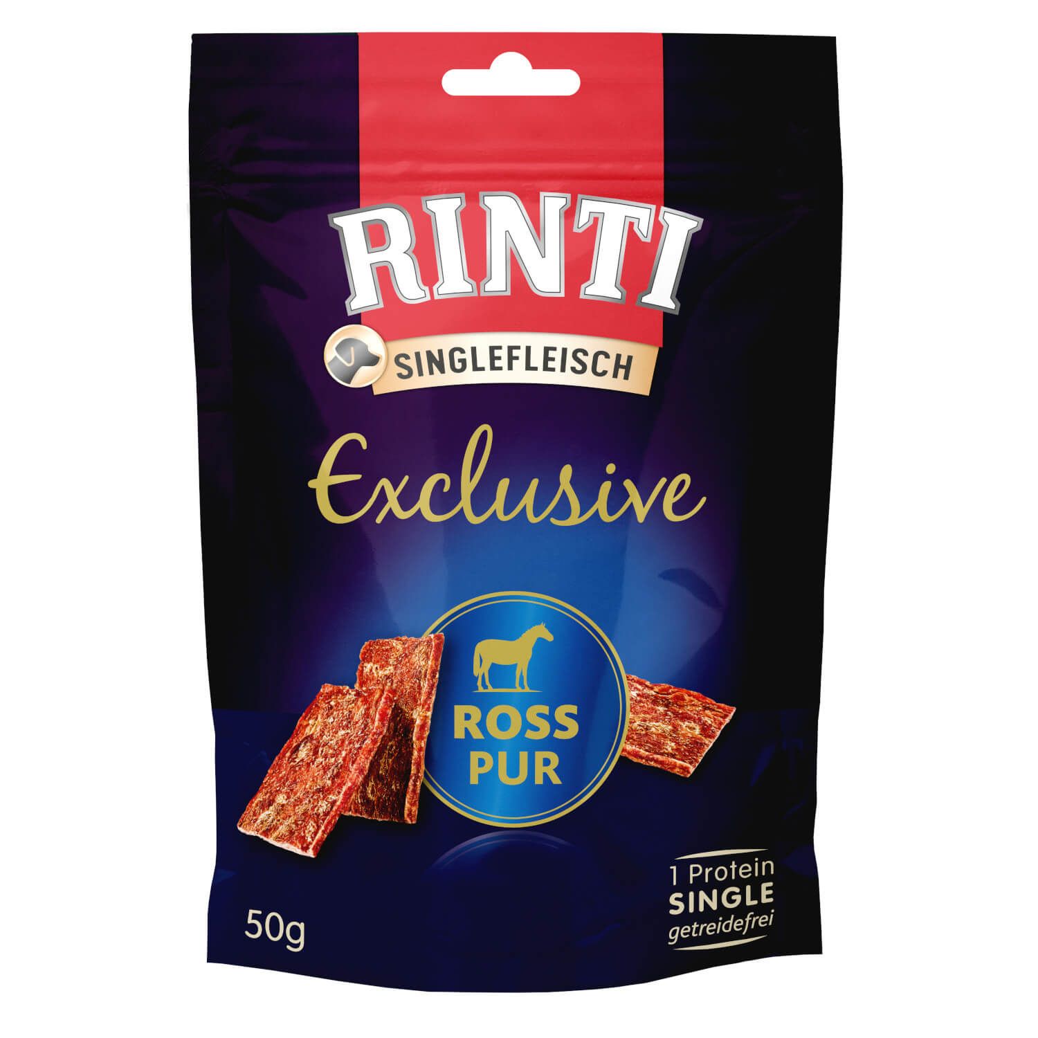 Verpackung mit Rinti Singlefleisch Exclusive Snack Ross Pur. Blaue Verpackung mit Produktabbildung und Text. 50g.