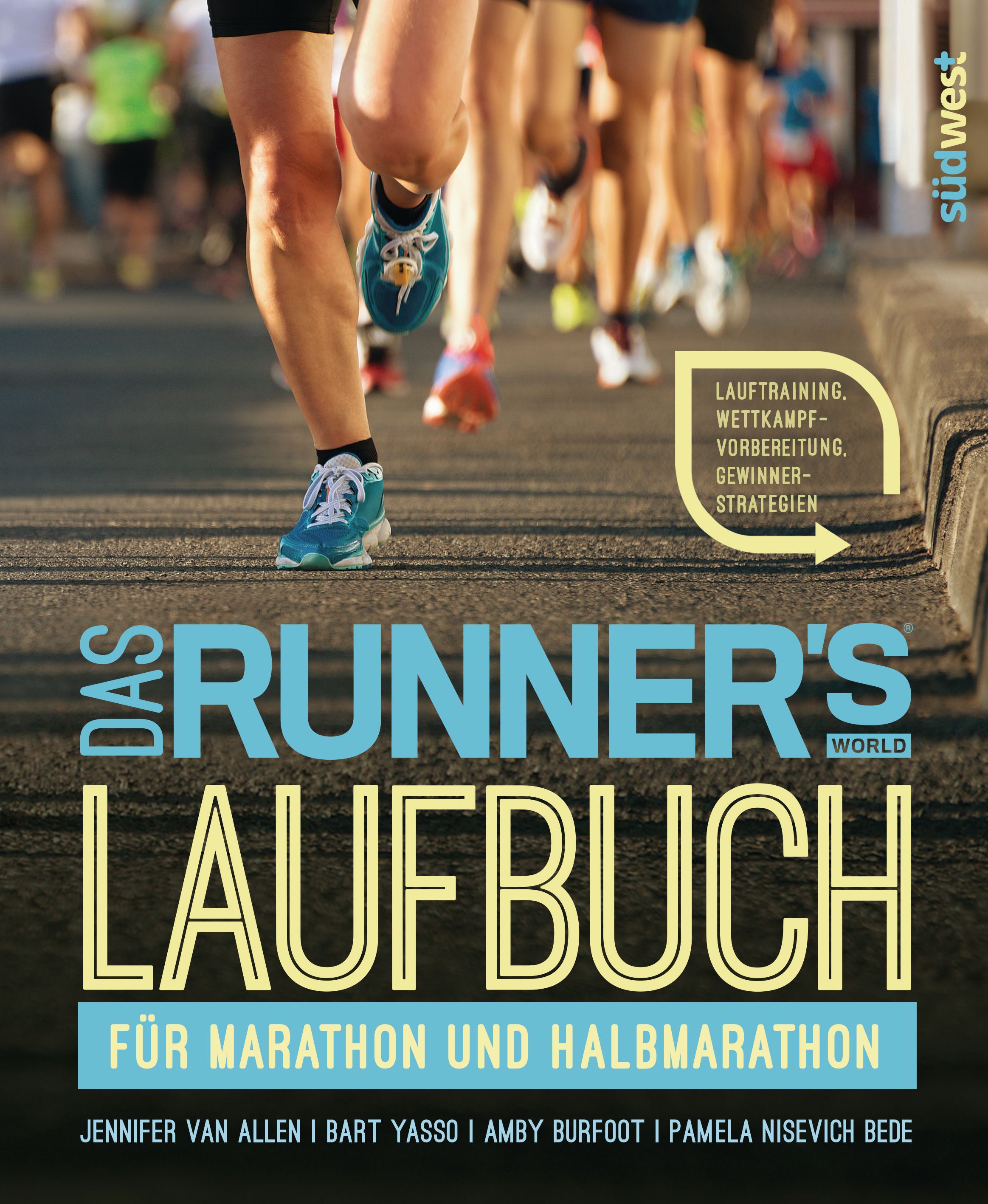 Buchcover: "Das Runner's World Laufbuch für Marathon und Halbmarathon". Läufer im Hintergrund. Titel in Großbuchstaben, Autorennamen.