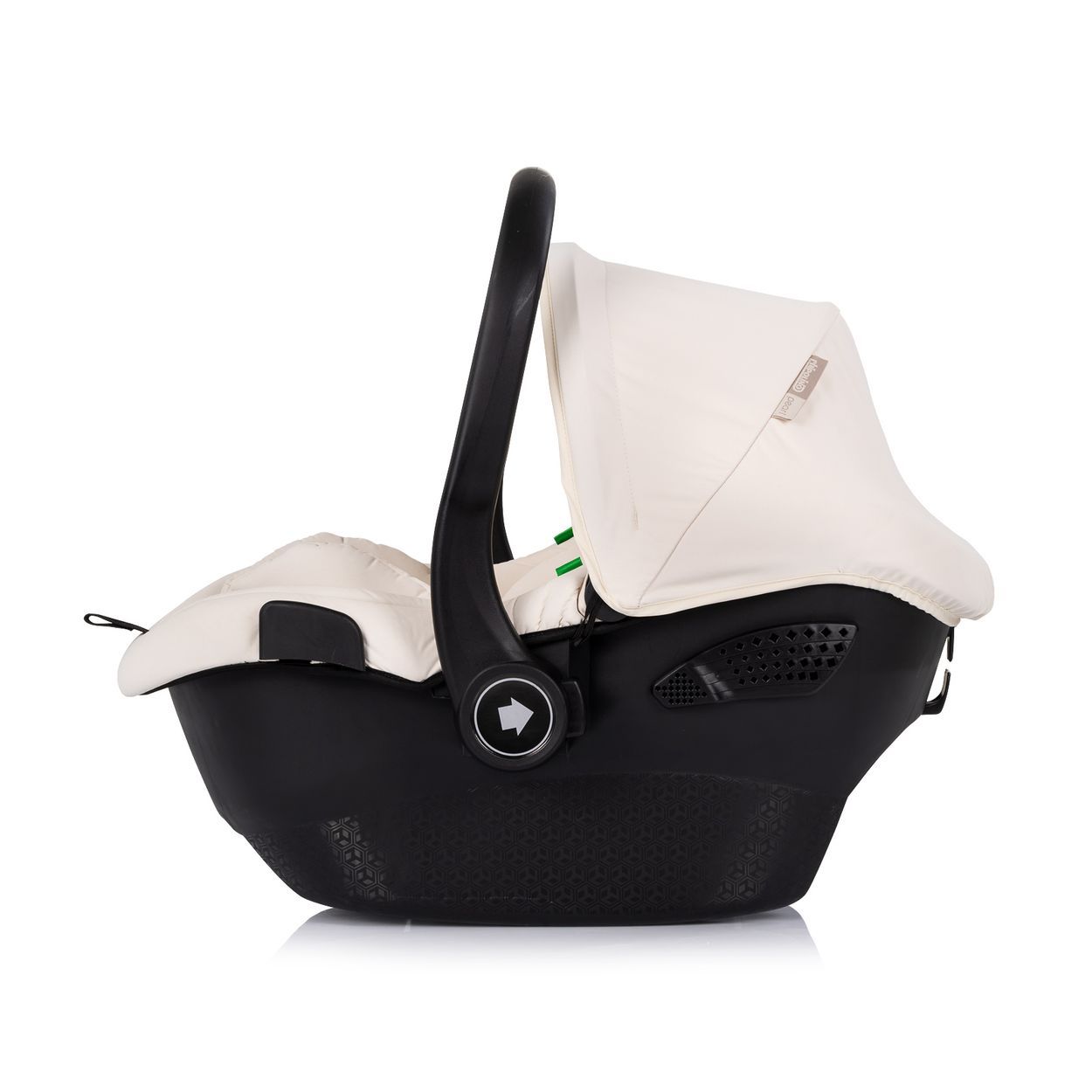 Baby-Autositz in Creme mit schwarzem Gestell und Verdeck.