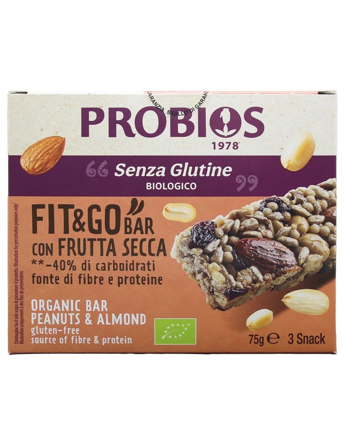 Confezione di BARRETTA CON FRUTTA SECCA FIT&GO. Scritte: PROBIOS, Senza Glutine, biologico. Barrette con frutta secca.
