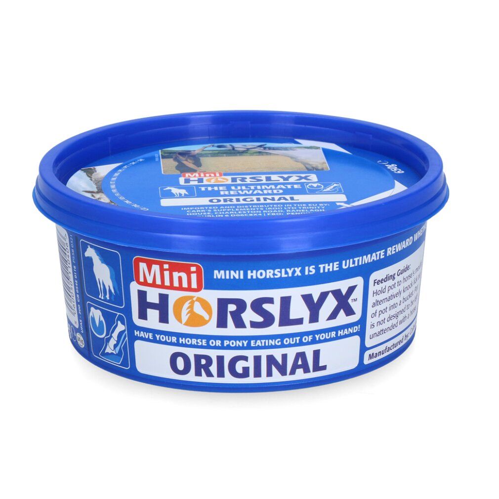 Runder, blauer Behälter mit 'Mini HORSLYX ORIGINAL'. Text: 'Have your horse or pony eating out of your hand!'
