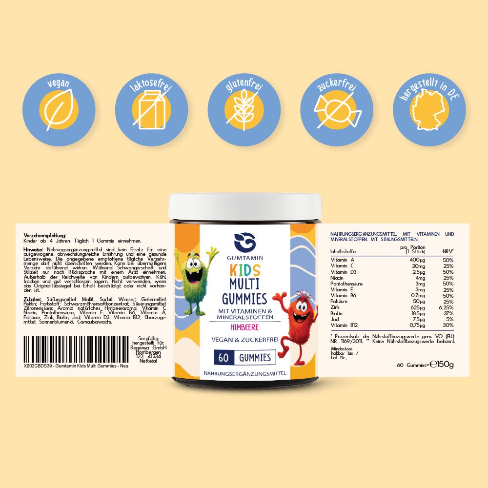 Gumtamin Kids Multi Gummies Dose mit Etikett. Aufschrift: Himbeere, vegan & zuckerfrei, 60 Gummies. Text: hergestellt in DE, laktosefrei, glutenfrei.
