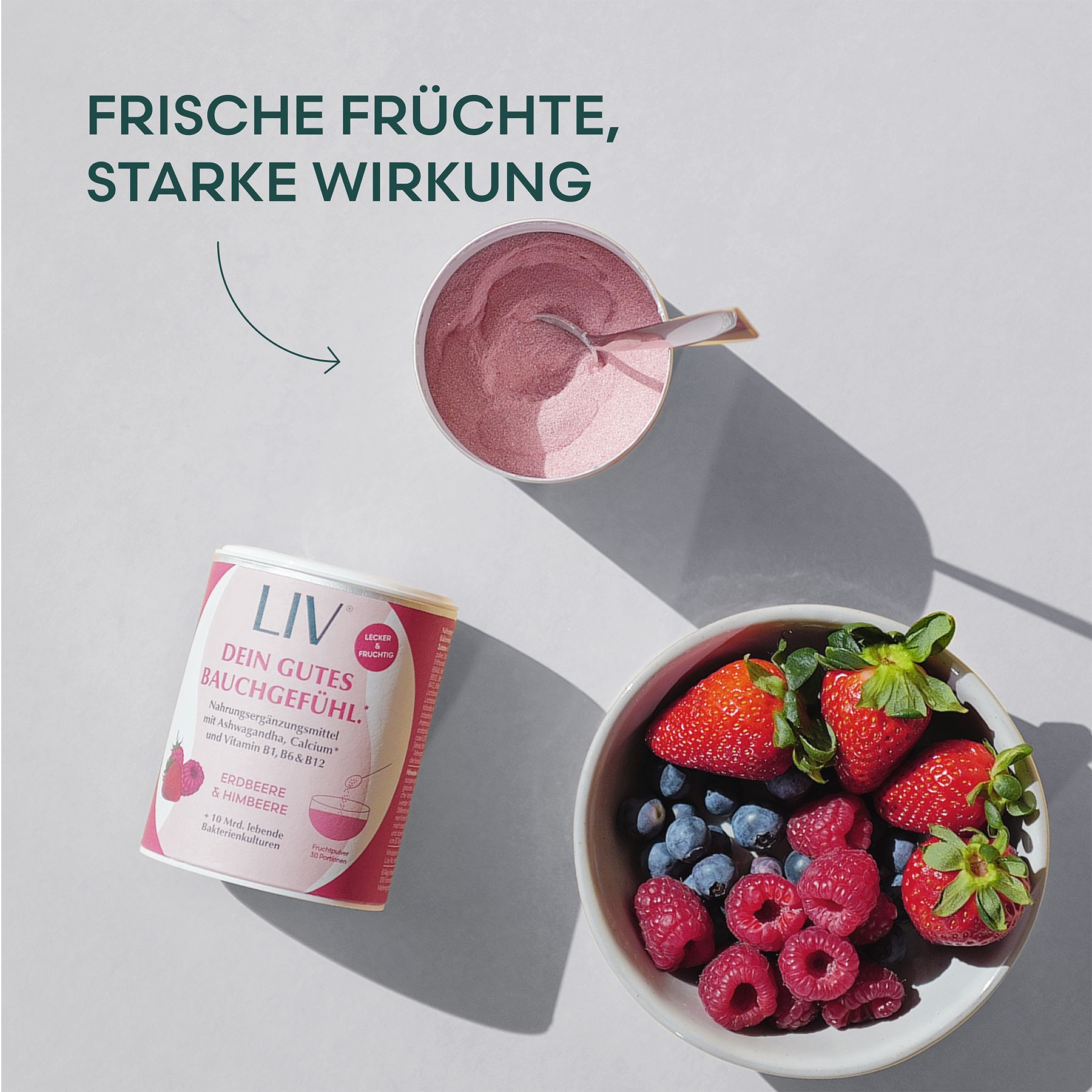LIV Darmkur | Himbeere Erdbeere aus ganzen Früchten, mit Bakterienkulturen und Ashwagandha KSM-66®