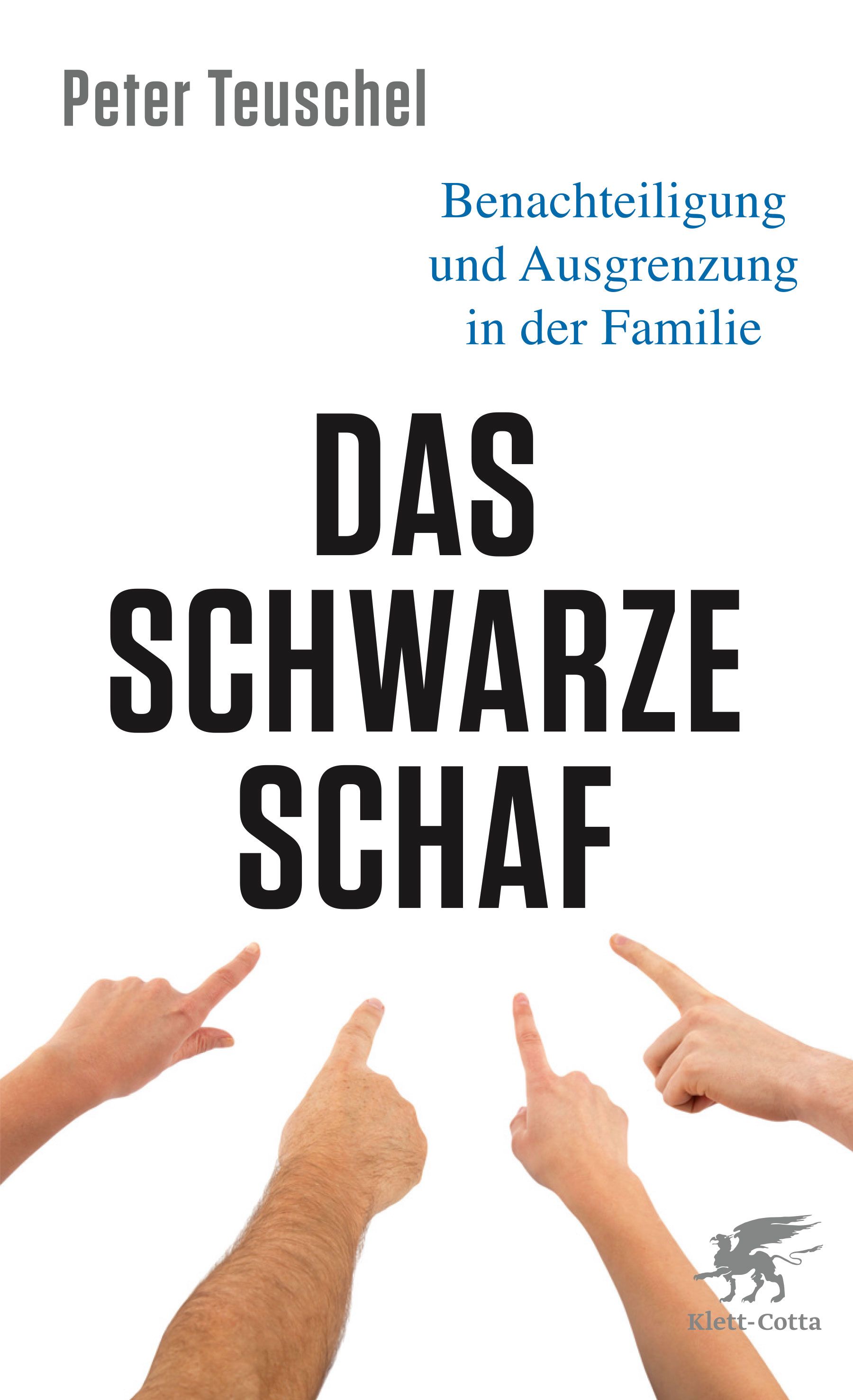 Buchcover mit Titel "Das schwarze Schaf". Autor Peter Teuschel. Hände zeigen auf den Titel. Verlag Klett-Cotta.