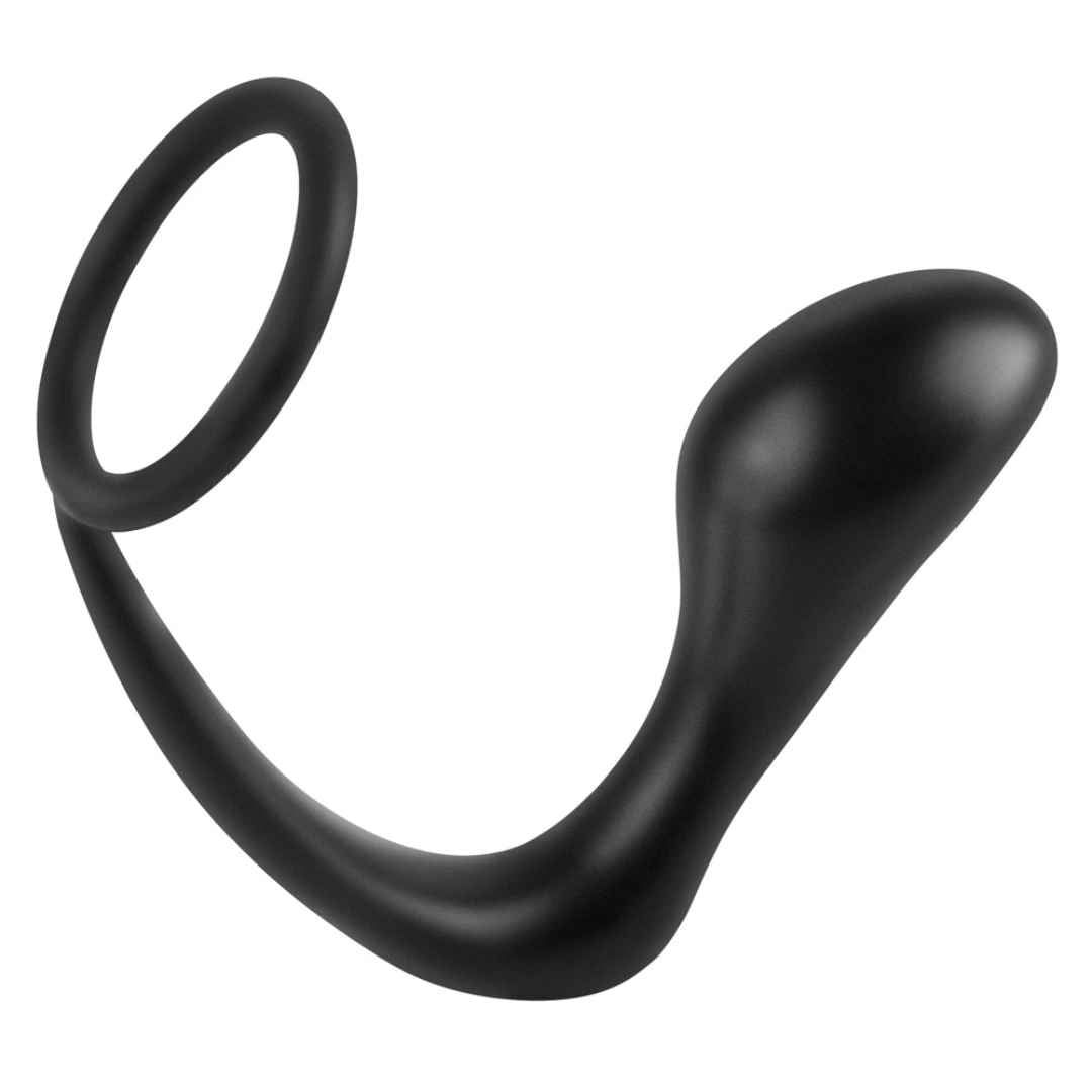 Schwarzer Analplug mit Penisring. U-förmig, mit Ring. Aus glattem Material.