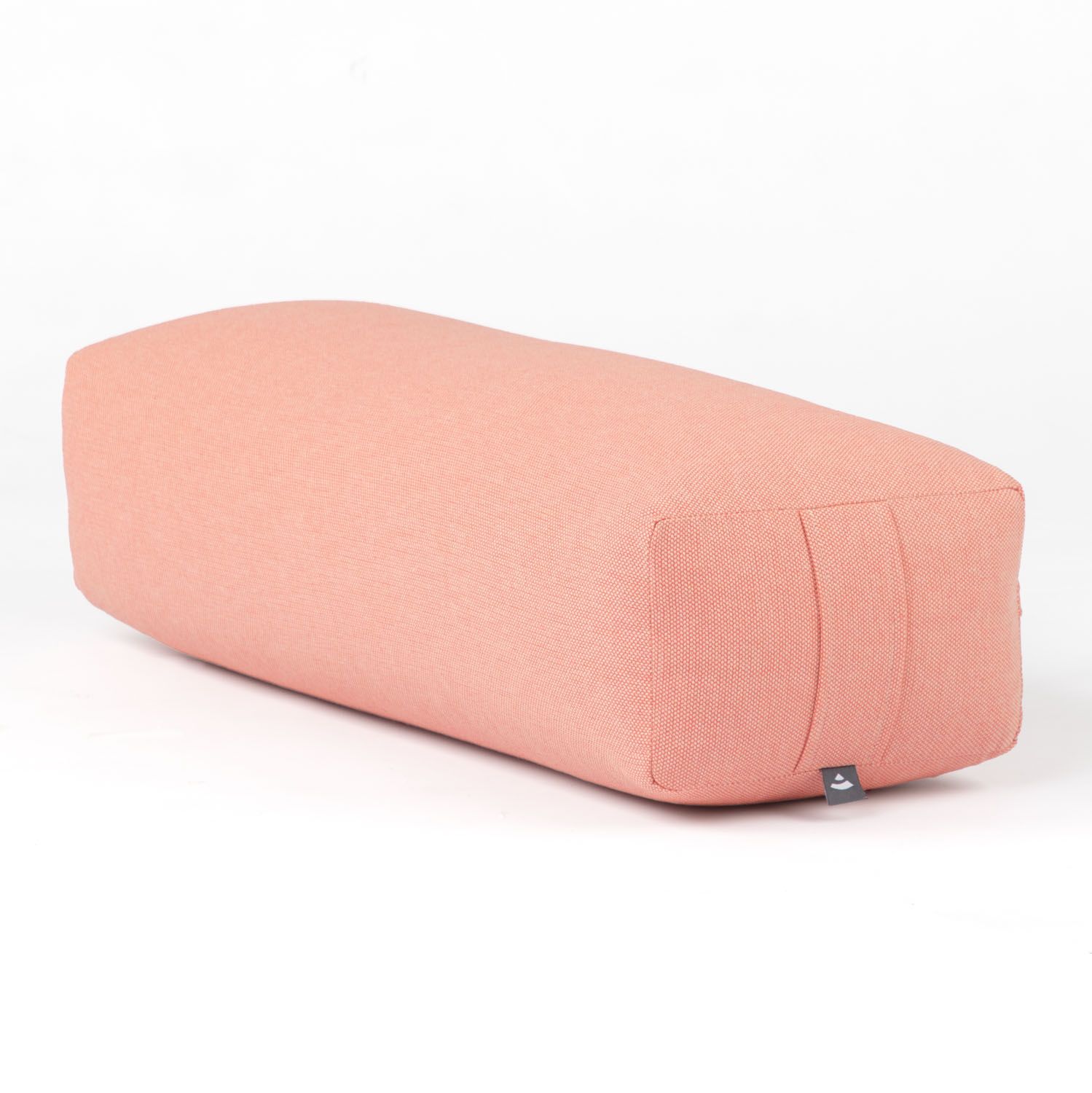 Rosa Yoga-Bolster. Rechteckige Form, mit Logo.