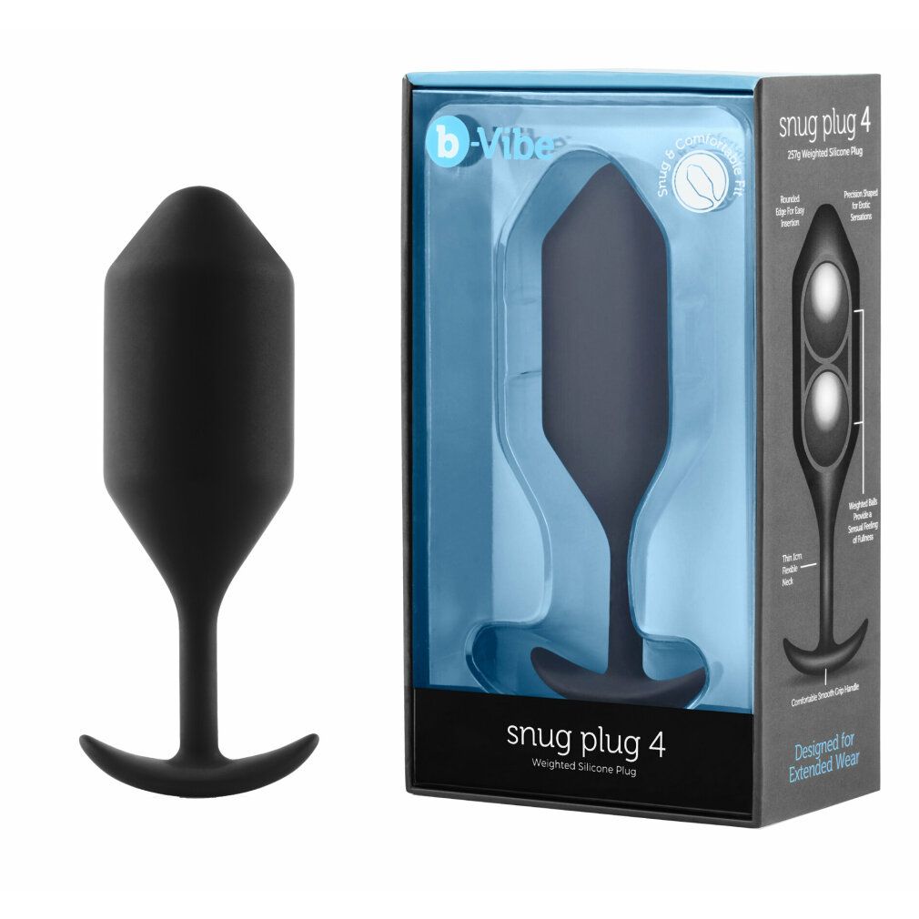 Schwarzer Snug Plug 4, neben Verpackung. Verpackung mit Produktabbildung und Produktname. Marke: b-Vibe.