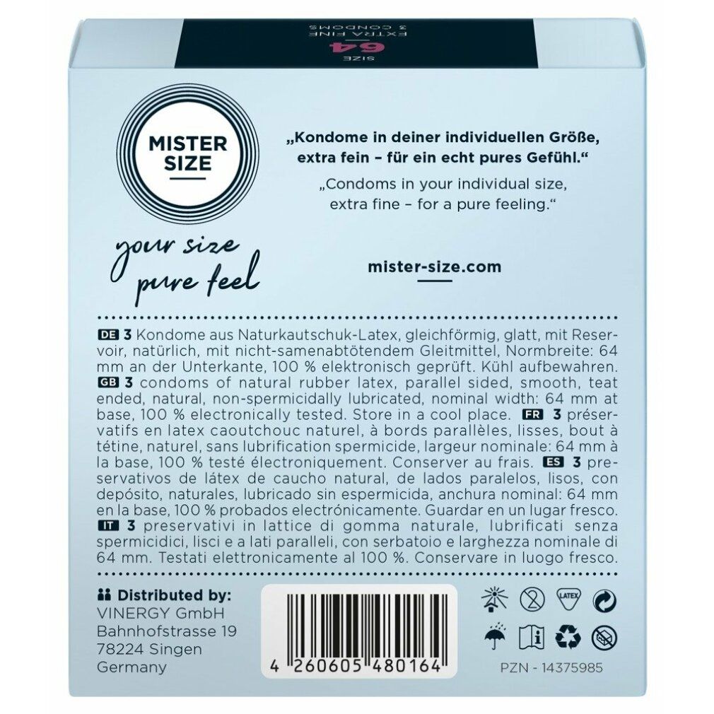 Kondom-Schachtel MISTER SIZE 64. Aufschrift: Extra Fine, 3 Kondome. Größenangaben auf der Seite.