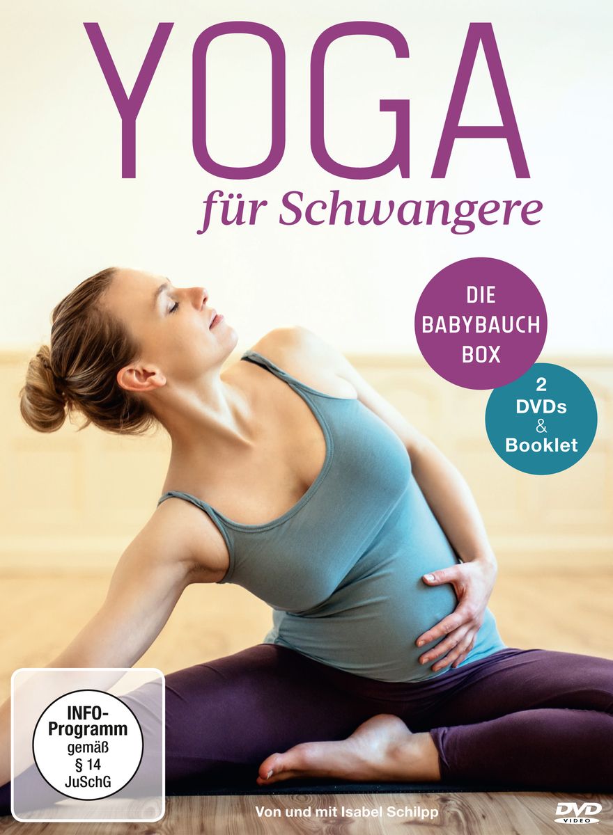 Yoga für Schwangere-Box. Frau in Yoga-Pose. Enthält 2 DVDs und ein Booklet. Mit Info-Programm gemäß § 14 JuSchG.