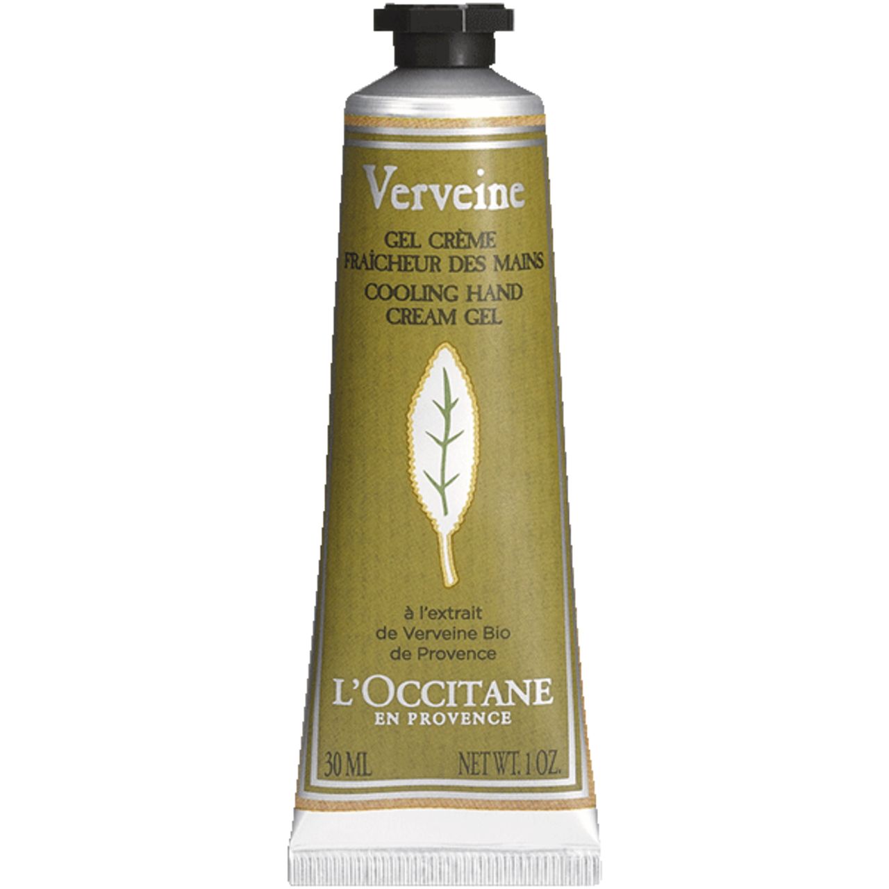 Handcreme-Tube "Verveine" mit Blatt-Symbol. Text: "Gel Crème Fraîcheur des Mains". Marke: L'Occitane.