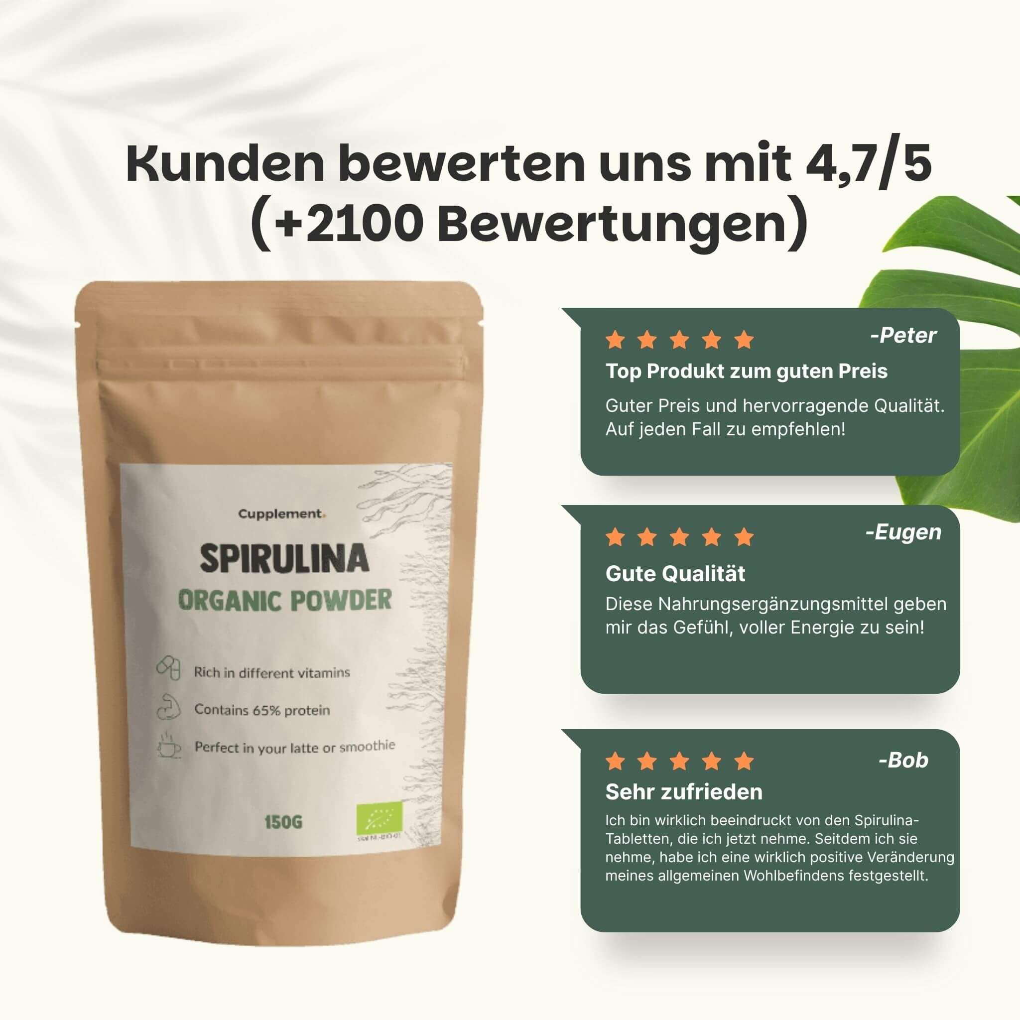 Beutel Cupplement Spirulina BIO. Braune Verpackung mit weißem Etikett. 150g. Kundenbewertungen mit 4,7/5 Sternen.