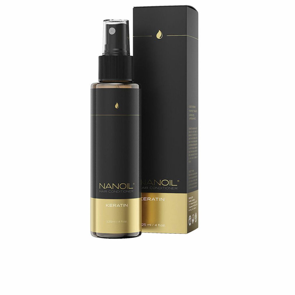 Schwarze Flasche mit Sprühkopf und goldfarbenen Akzenten. Aufschrift: NANOIL Haar Conditioner mit Keratin. Stehende Verpackung daneben.