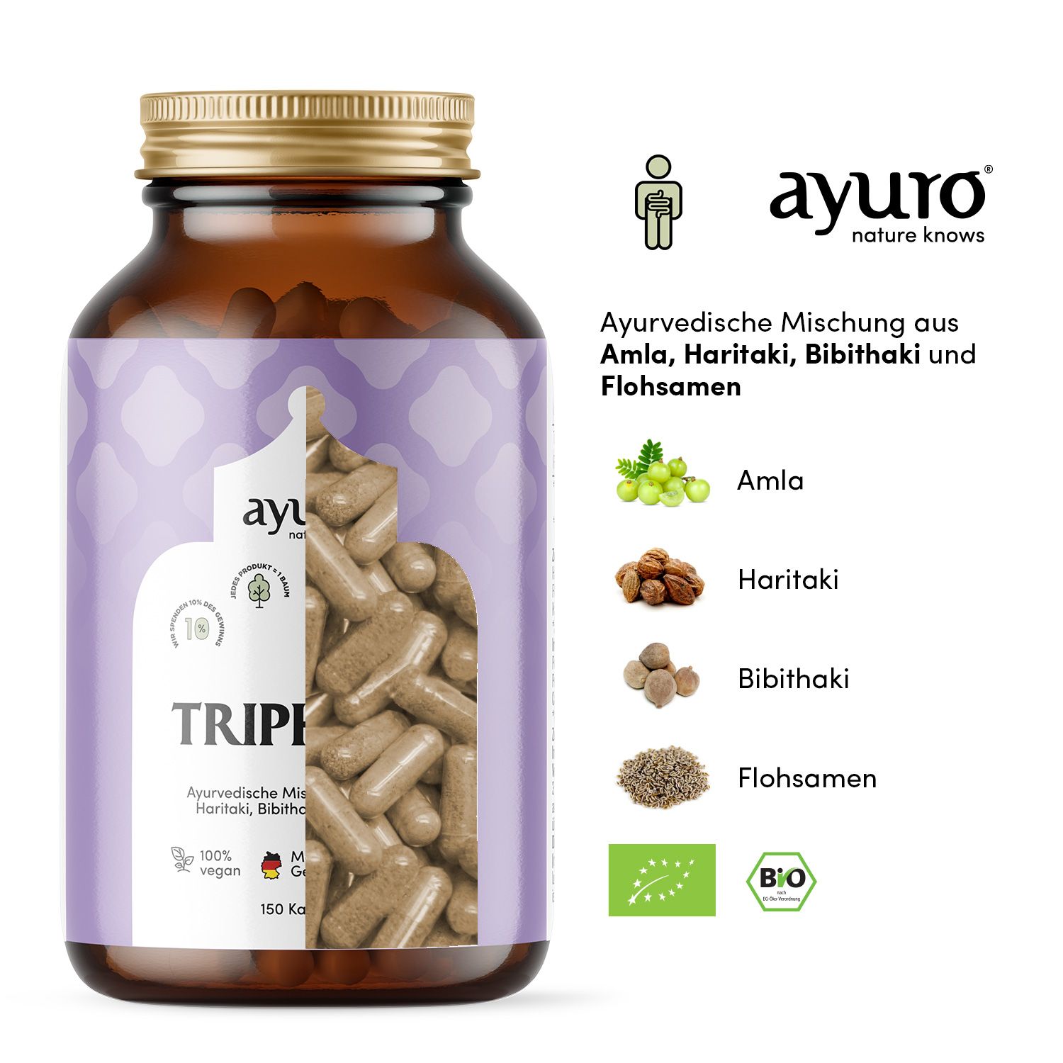 Glasflasche 'Triphala+' mit Kapseln. Aufschrift und Zutaten: Amla, Haritaki, Bibhitaki, Flohsamen. 'ayuro' Logo. Bio-Siegel.