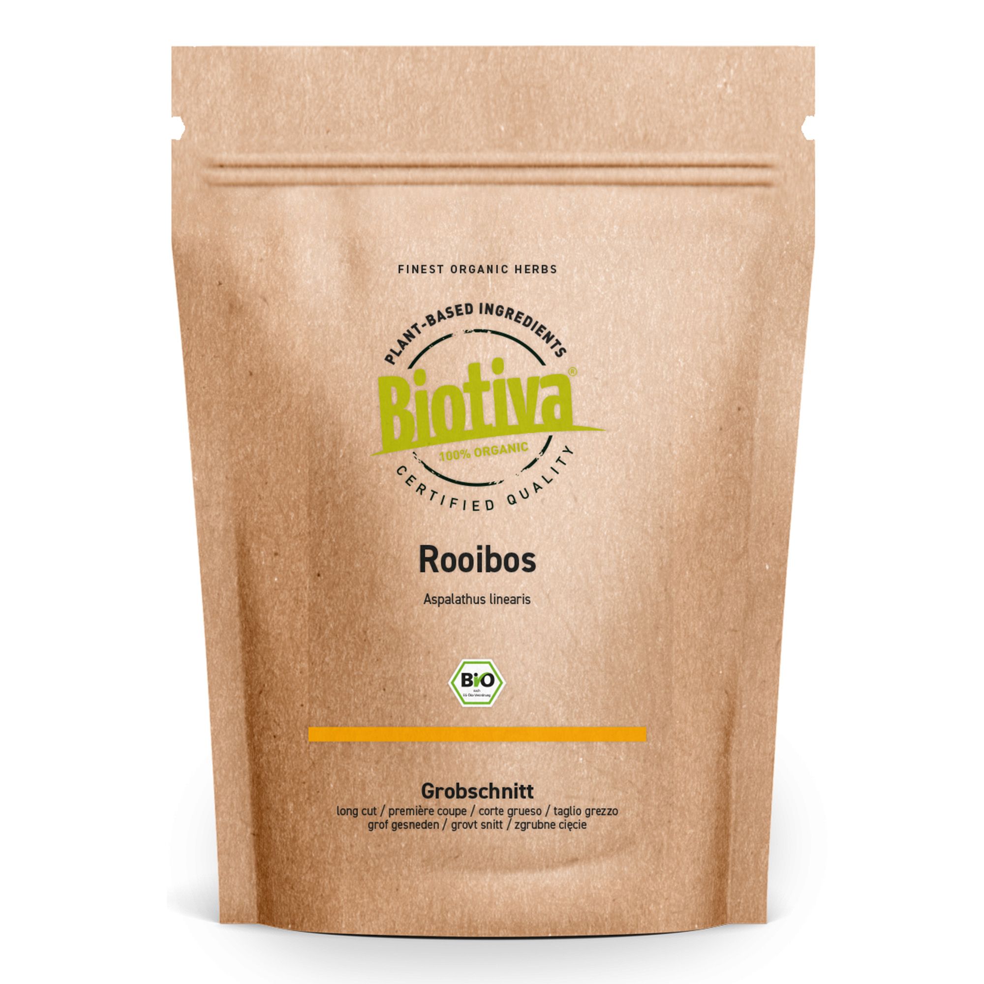 Beutel mit Biotiva Rooibos Tee Bio. Braune Papierverpackung mit Logo und Text. Bio-Siegel.