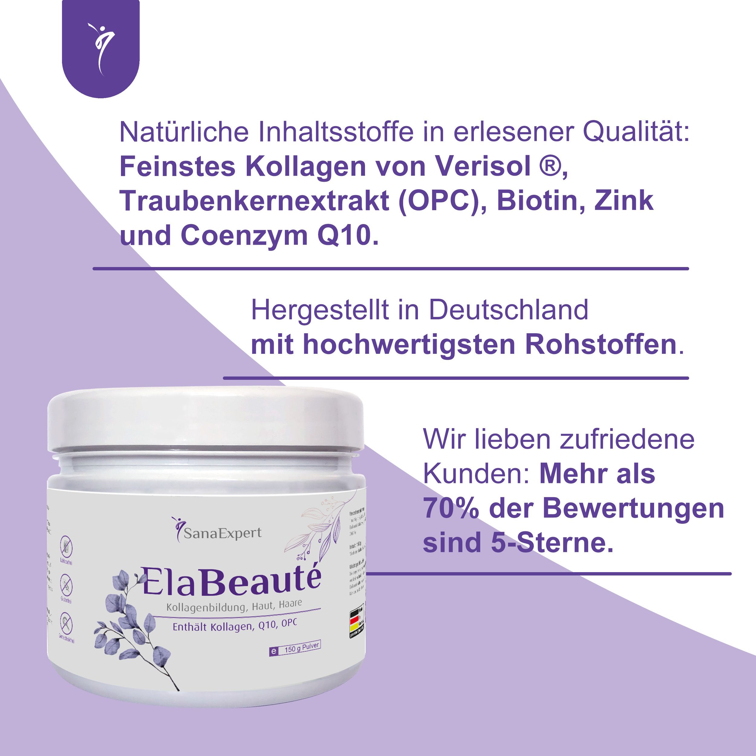 Weißes SanaExpert ElaBeauté-Pulver. Text: Natürliche Inhaltsstoffe, Kollagen, OPC, Biotin, Zink, Q10. Hergestellt in Deutschland.