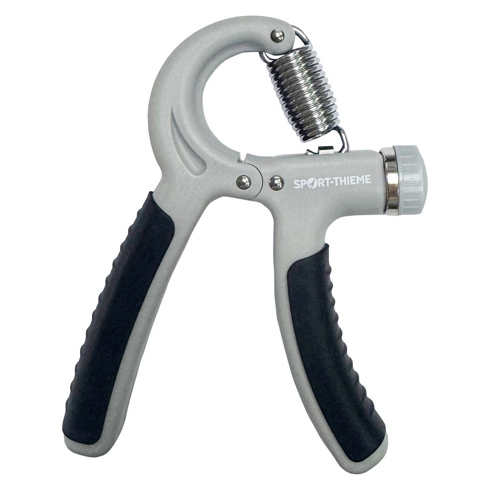 Grauer Handtrainer mit Feder und schwarzen Griffen. Aufschrift: Sport-Thieme.