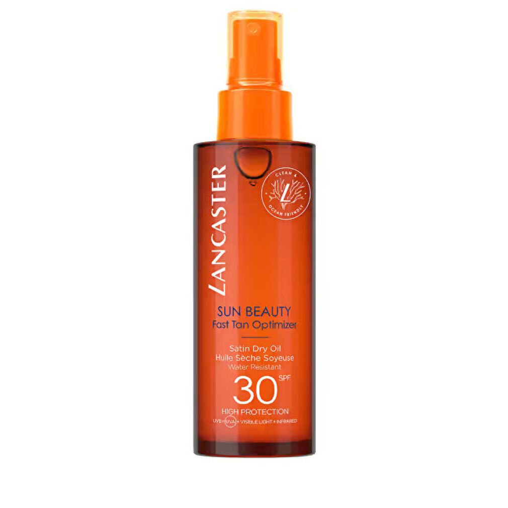 Ölflasche mit Sprühkopf. Text: Lancaster, Sun Beauty, Fast Tan Optimizer, SPF 30. Auf weißem Hintergrund.