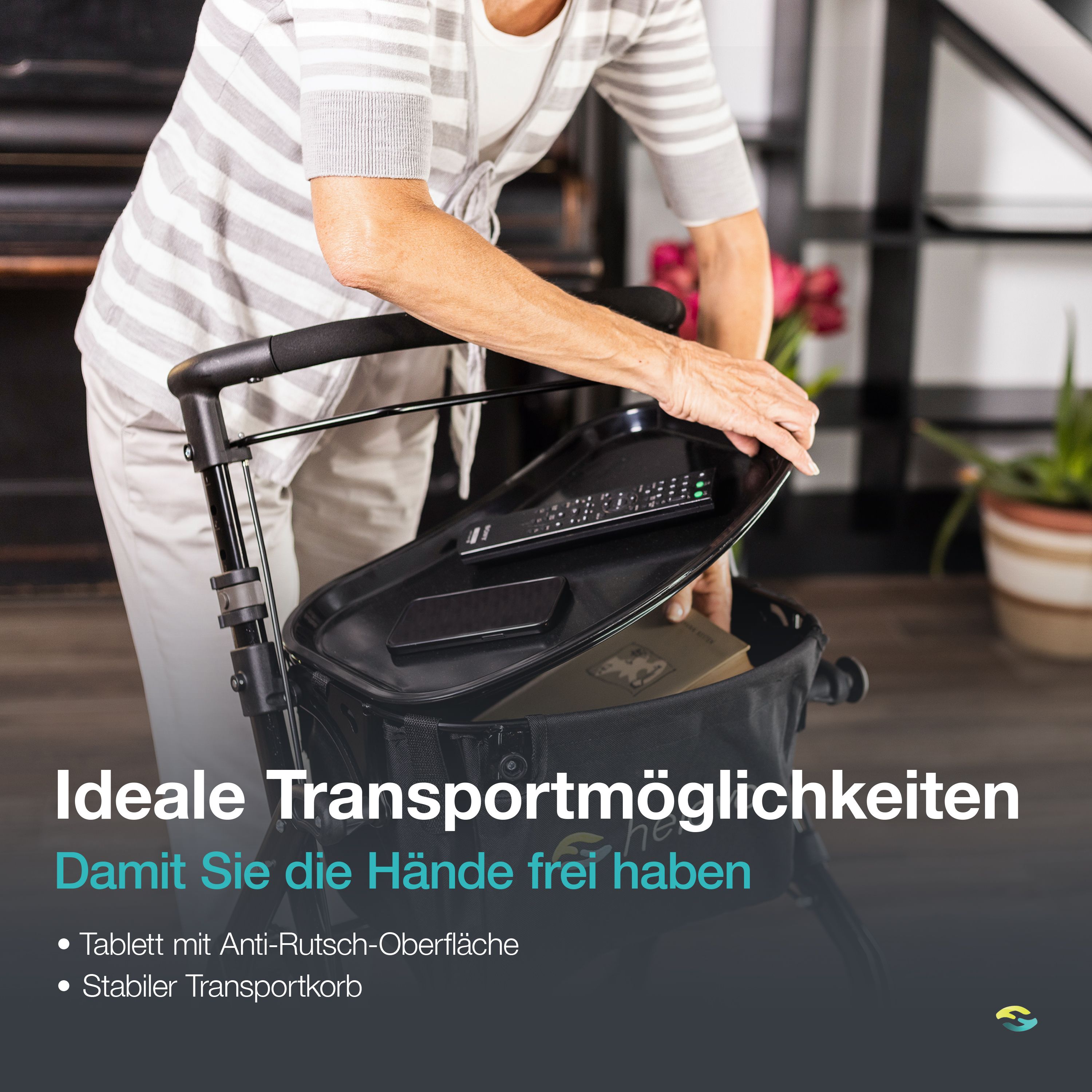 Helavo Wohnungsrollator 60 cm schmal Indoor Rollator mit Tablett & Korb