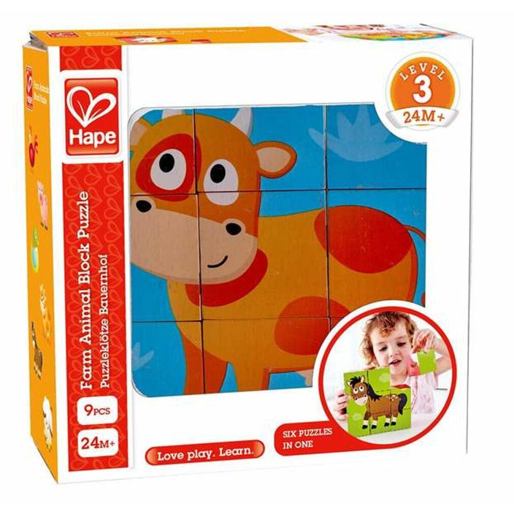Verpackung mit Kuh-Puzzle. Neun Würfel bilden ein Bild. Kind hält fertiges Puzzle. Hape-Logo und Produktname sichtbar. Level 3, 24M+.
