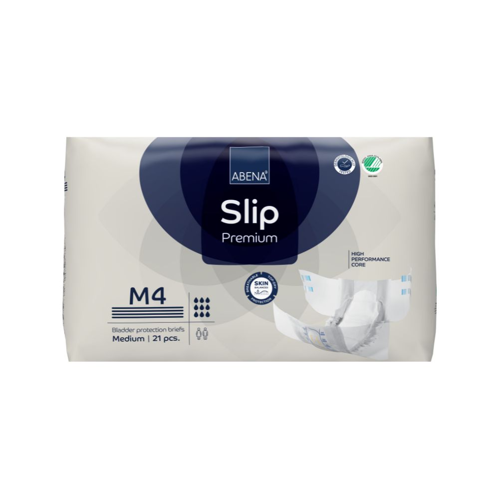 ABENA Slip Premium M4 Packung. Inkontinenzprodukt. 21 Stück. Aufdrucke: ABENA, Slip Premium, M4, Medium. Mit Skin-Logo und Zertifizierung.