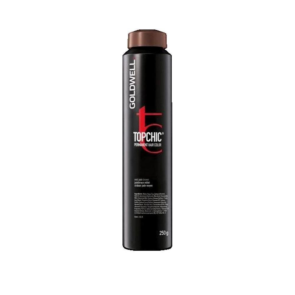 Goldwell Topchic Permanente Haarfarbe. Schwarze Dose mit braunem Deckel. Roter Schriftzug Topchic.