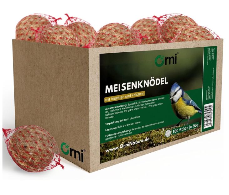 Karton mit Meisenknödeln. Aufdruck: Orni, Meisenknödel mit Insekten und Früchten. 100 Stück je 95g.