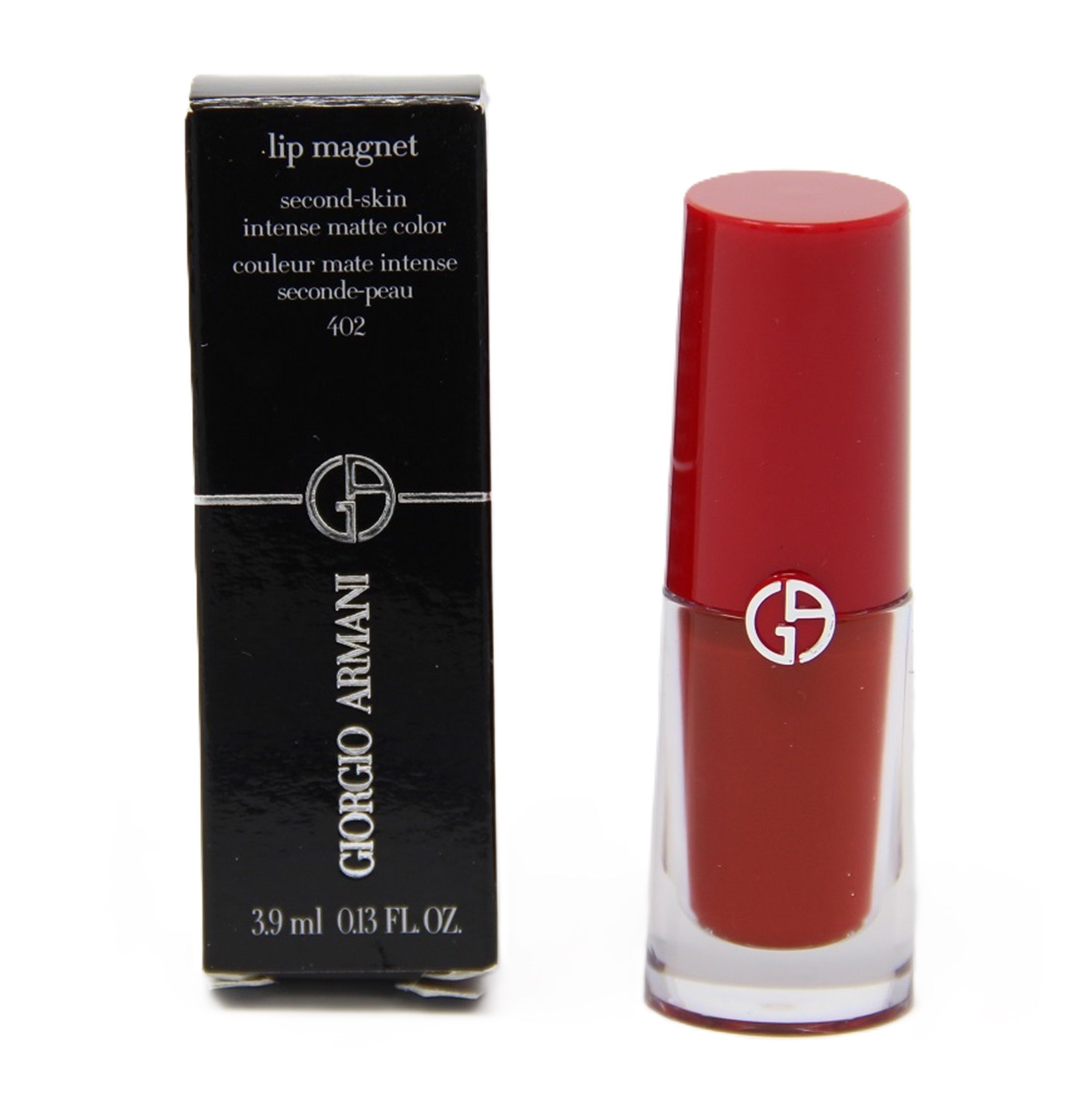 Giorgio Armani Lip Magnet Second 402. Roter Lippenstift in Glasflasche mit rotem Deckel. Schwarze Verpackung mit Logo und Produktinformationen.