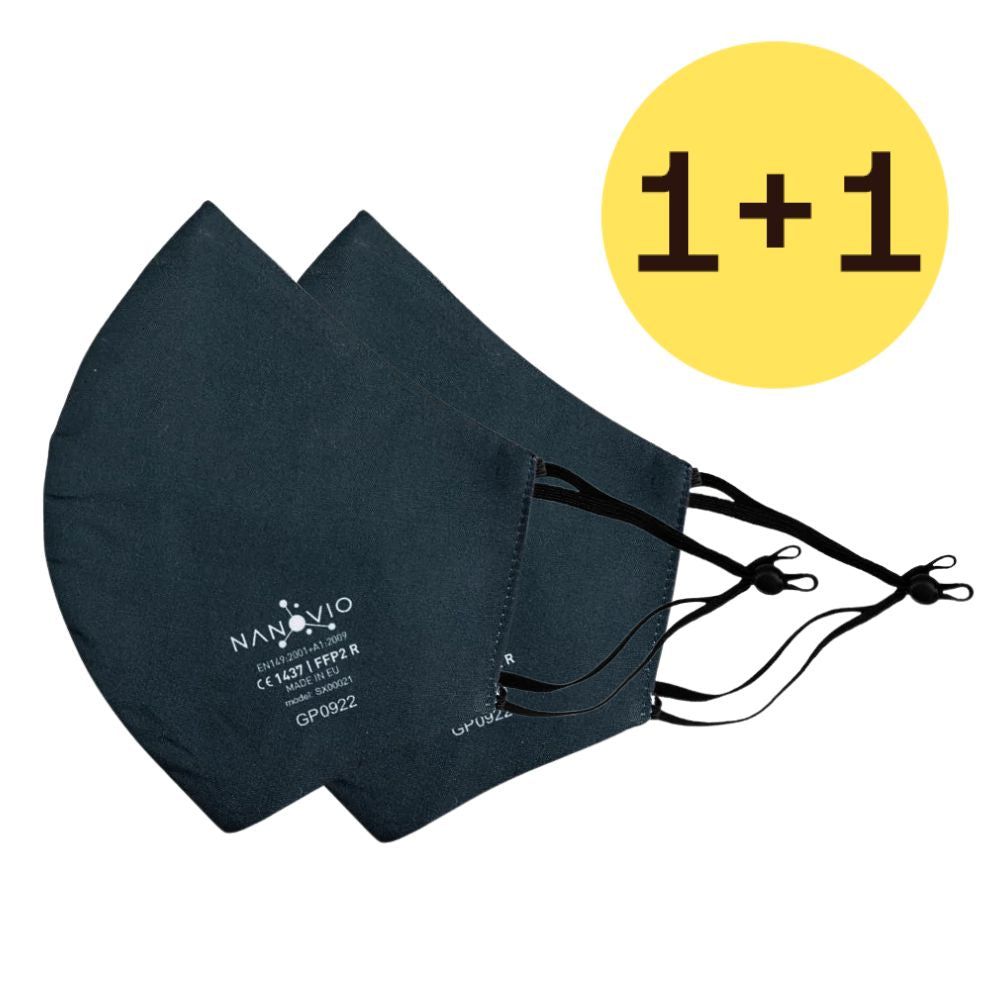 Zwei dunkelgraue Masken mit weißem Logo und Text. Gelber Kreis mit Text '1+1'. Text: Nanovio, EN149:2001+A1:2009, CE 1437 | FFP2 R, GP0922.