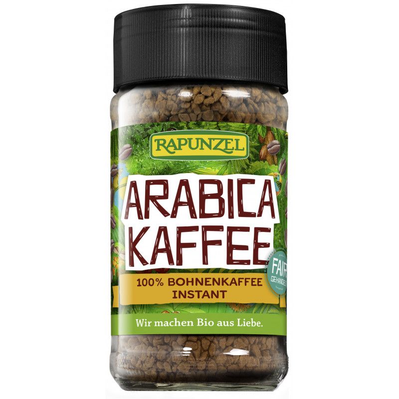 Glas mit Instant-Kaffee. Aufschrift: Arabica Kaffee, 100% Bohnenkaffee Instant. Marke: Rapunzel. Mit Fairtrade-Siegel.