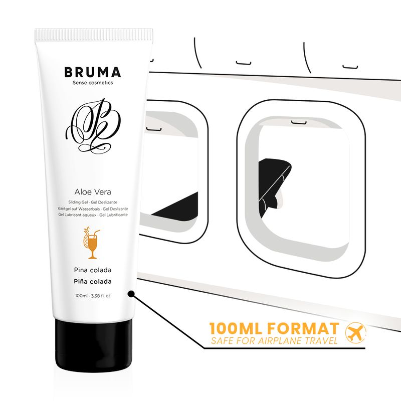 Weiße Tube mit Bruma Aloe Vera Gleitgel, Pina Colada Duft. 100ml Format, sicher für Flugreisen.