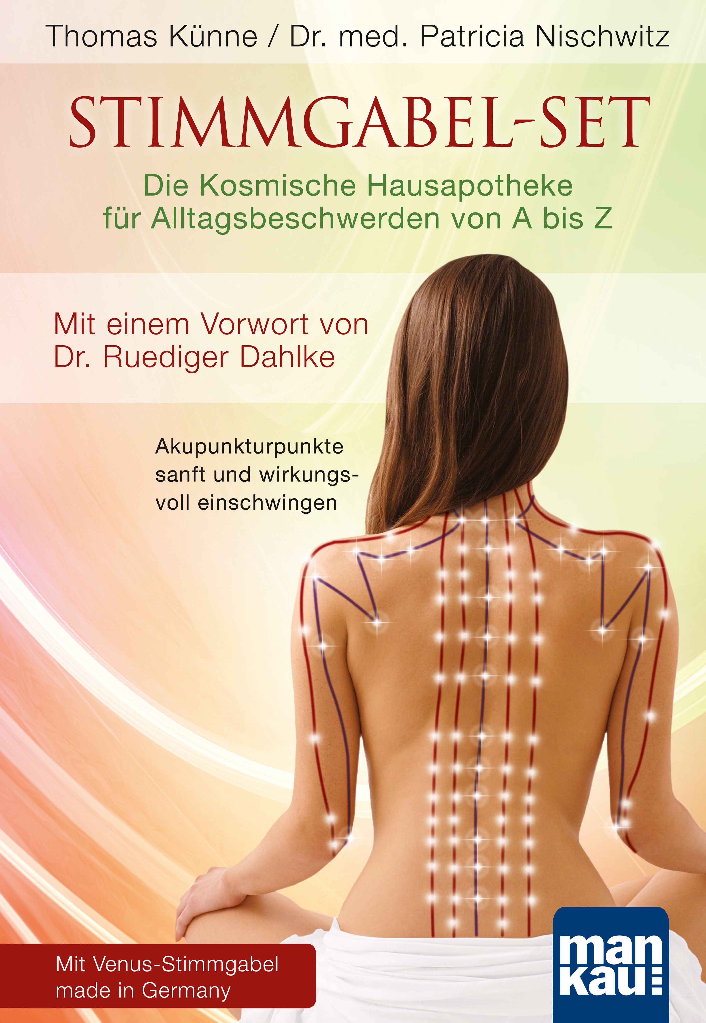 Buchcover mit Titel: STIMMGABEL-SET. Frau sitzt, Akupunkturpunkte auf Rücken dargestellt. Logo: mankau.