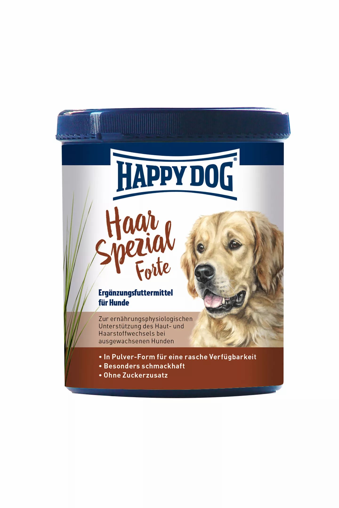 Dose mit Produkt für Hunde. Aufschrift: Happy Dog Haar Spezial Forte. Abbildung eines Hundes. Text: Ergänzungsfuttermittel.
