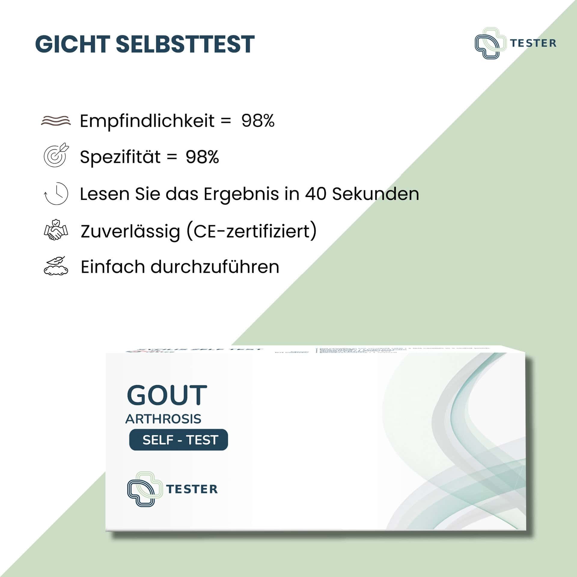 Gicht Selbsttest: Sensitivität 98%, Spezifität 98%, Ergebnis in 40 Sek. CE-zertifiziert.