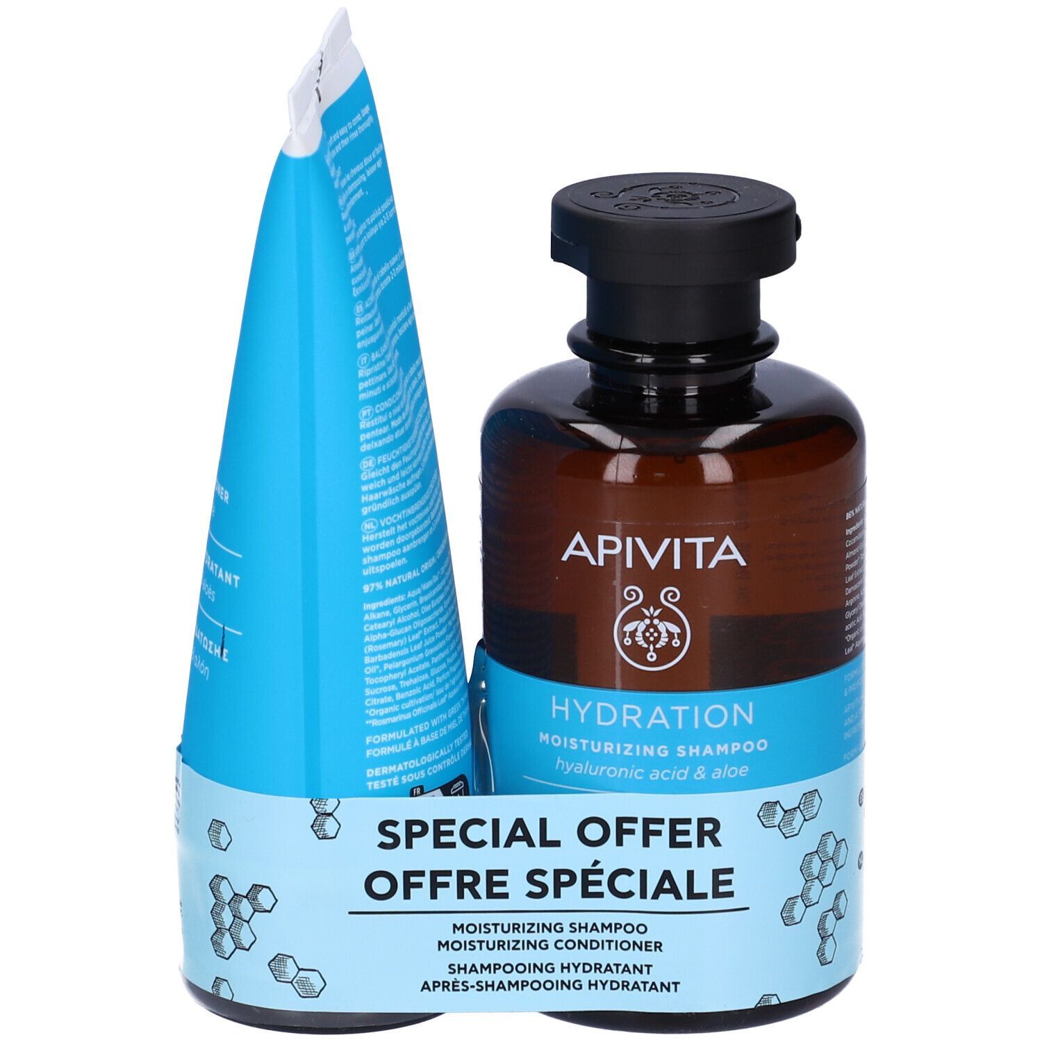 Set Apivita Hydration. Flacone marrone e tubo blu. Scritta: Hydration, Shampoo, Balsamo. Offerta speciale.