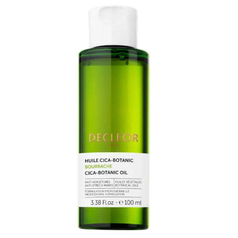 Grüne Glasflasche mit weißem Deckel. Etikett mit Produktnamen und Text. Enthält 100 ml. Marke Decleor.
