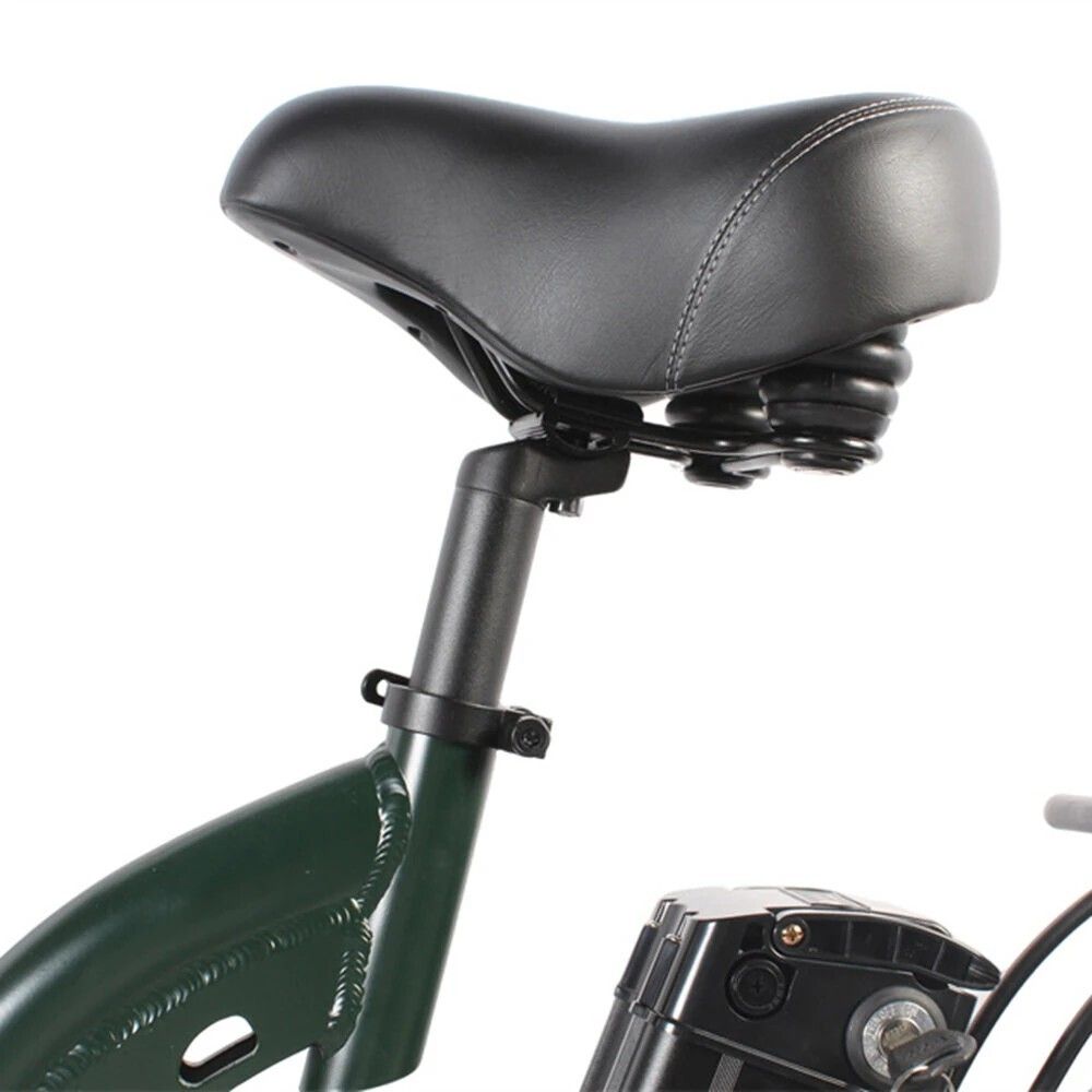 Schwarzer Sattel mit Federung. Teil eines E-Bikes.