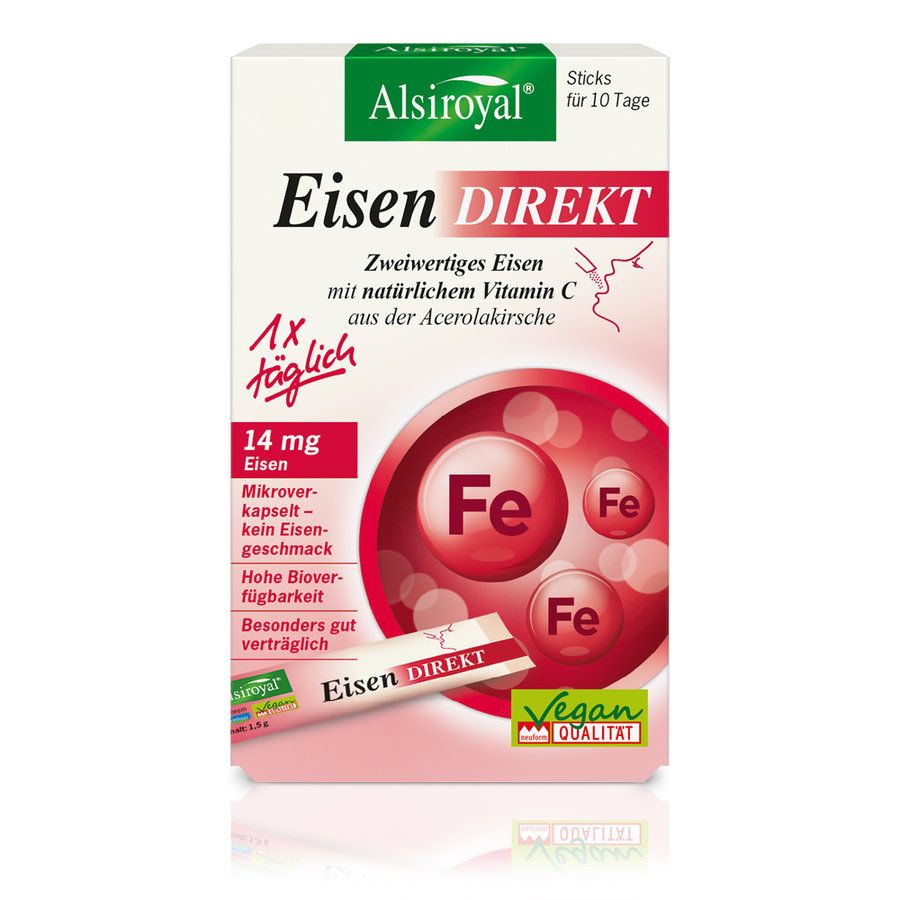 Verpackung von Alsiroyal Eisen Direkt Sticks. Enthält 14 mg Eisen, vegan. Aufdruck: "Zweiwertiges Eisen mit natürlichem Vitamin C".