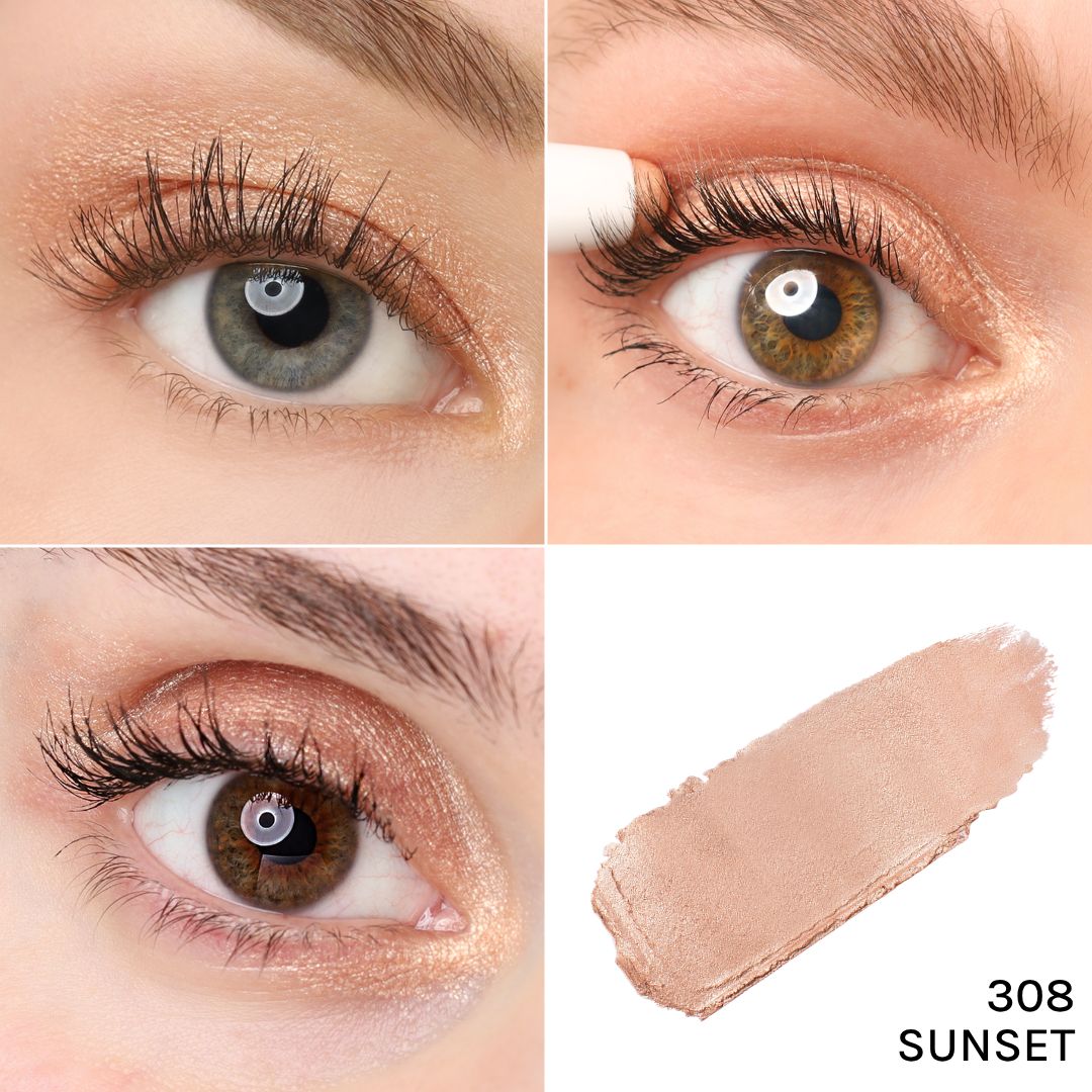 Vier Collagen: Nahaufnahme eines Auges, Applikation, fertiges Make-up und Swatch.