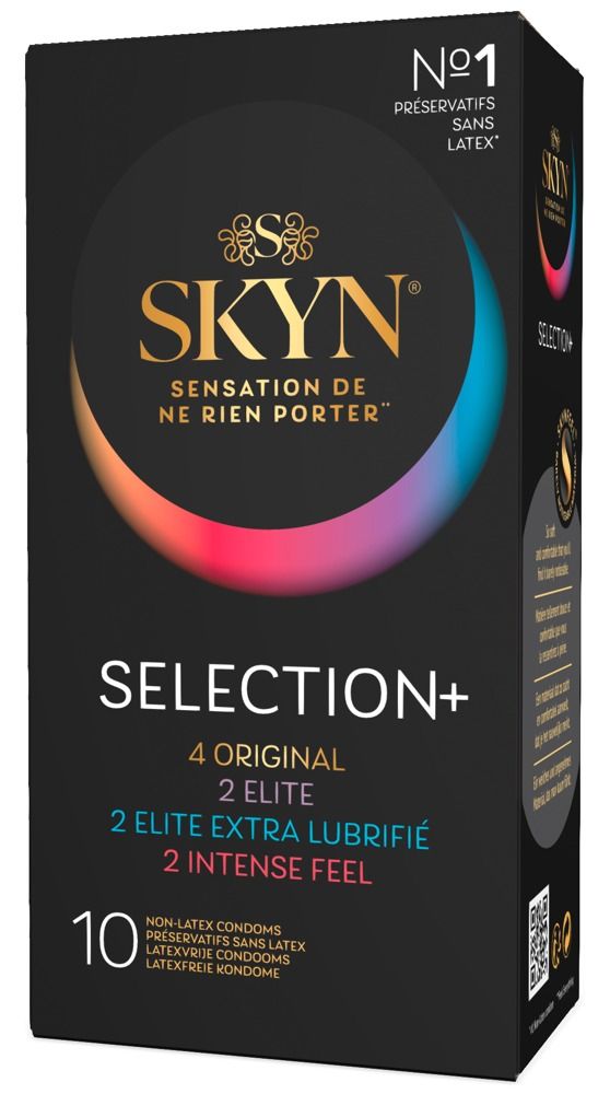Schwarze Schachtel mit "SKYN Selection+". Enthält 4 Original, 2 Elite, 2 Elite Extra Lubrifie und 2 Intense Feel Kondome.