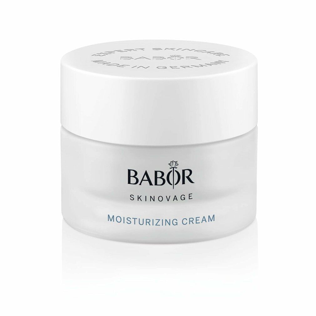 Creme-Tiegel mit weißem Deckel. Auf dem Tiegel steht BABOR, SKINAVAGE und MOISTURIZING CREAM.