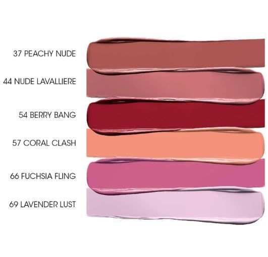 Sechs Farbtöne flüssigen Rouges. Farbnamen und Nummern sind aufgeführt. Farbmuster von hellbraun bis hellviolett.