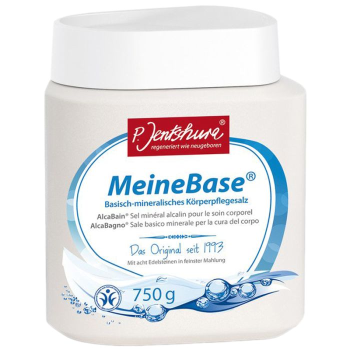 Weißer Behälter mit Deckel. Aufschrift: MeineBase, 750g. Logo: P. Jentschura.