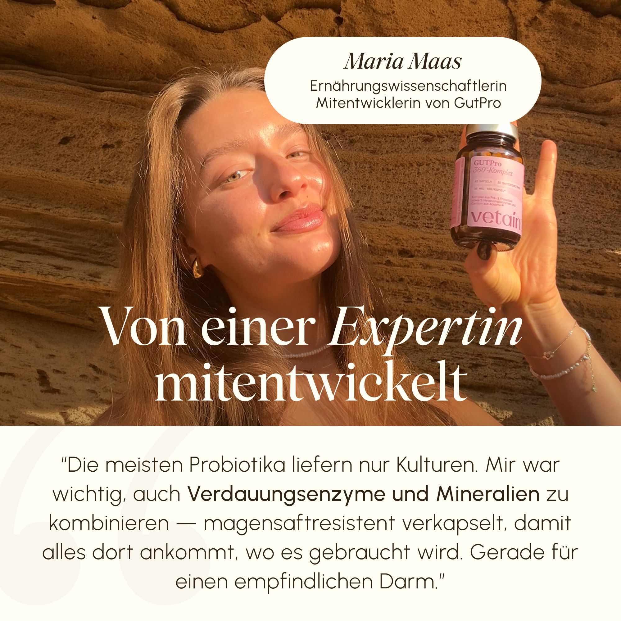 Ernährungswissenschaftlerin Maria Maas mit Vetain GutPro Flasche, Text: Von einer Expertin mitentwickelt.