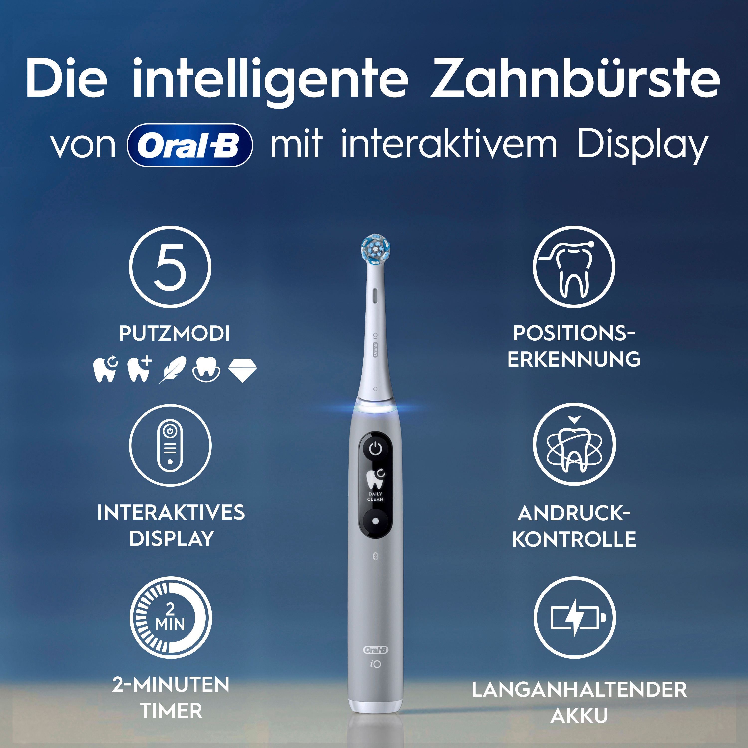 Zahnbürste mit Display. 5 Putzmodi, Positionserkennung, interaktives Display, Andruckkontrolle, 2-Minuten-Timer, Akku.