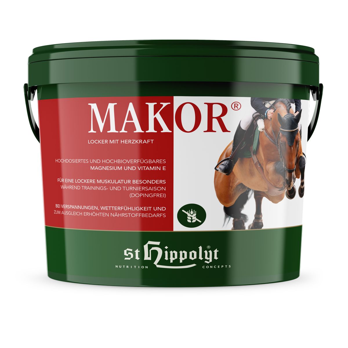Grüner Eimer mit rotem Etikett. Aufschrift: MAKOR. Marke: St. Hippolyt. Abbildung eines Pferdes. Text in deutscher Sprache.