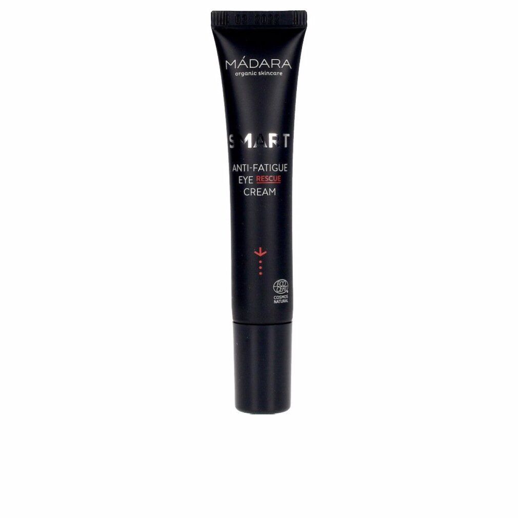 Schwarze Tube mit Augencreme. Aufschrift: Mádara, Smart Anti-Fatigue Eye Rescue Cream. Mit COSMOS-Zertifizierung.